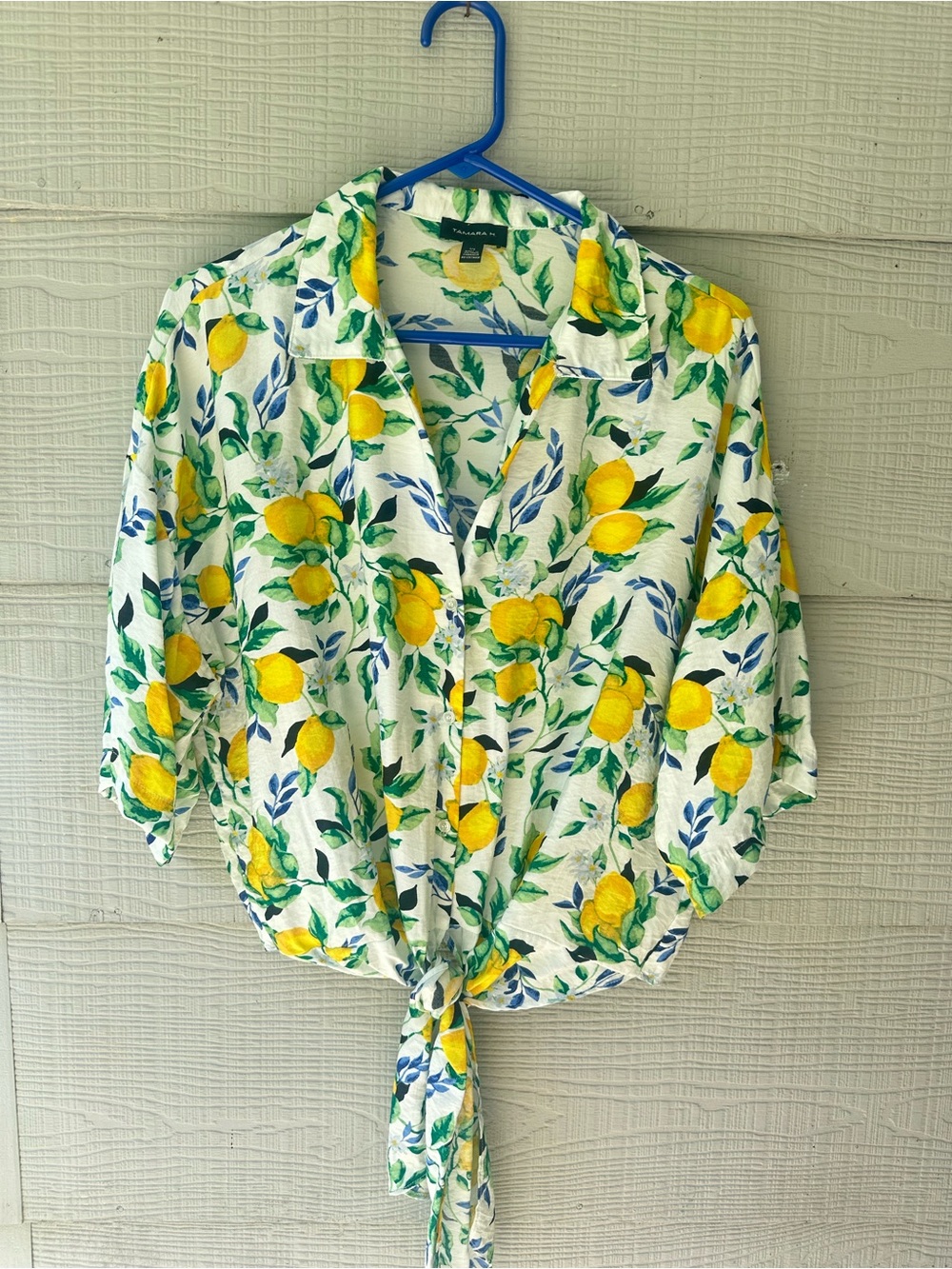 Tamara H. Lemon Print Summer  Tie-Front Short Sleeves Button Front Shirt ~L